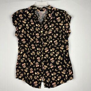No Boundaries Neon Mushroom Floral Print Button Up Shirt Top M 7/9 Black EUC